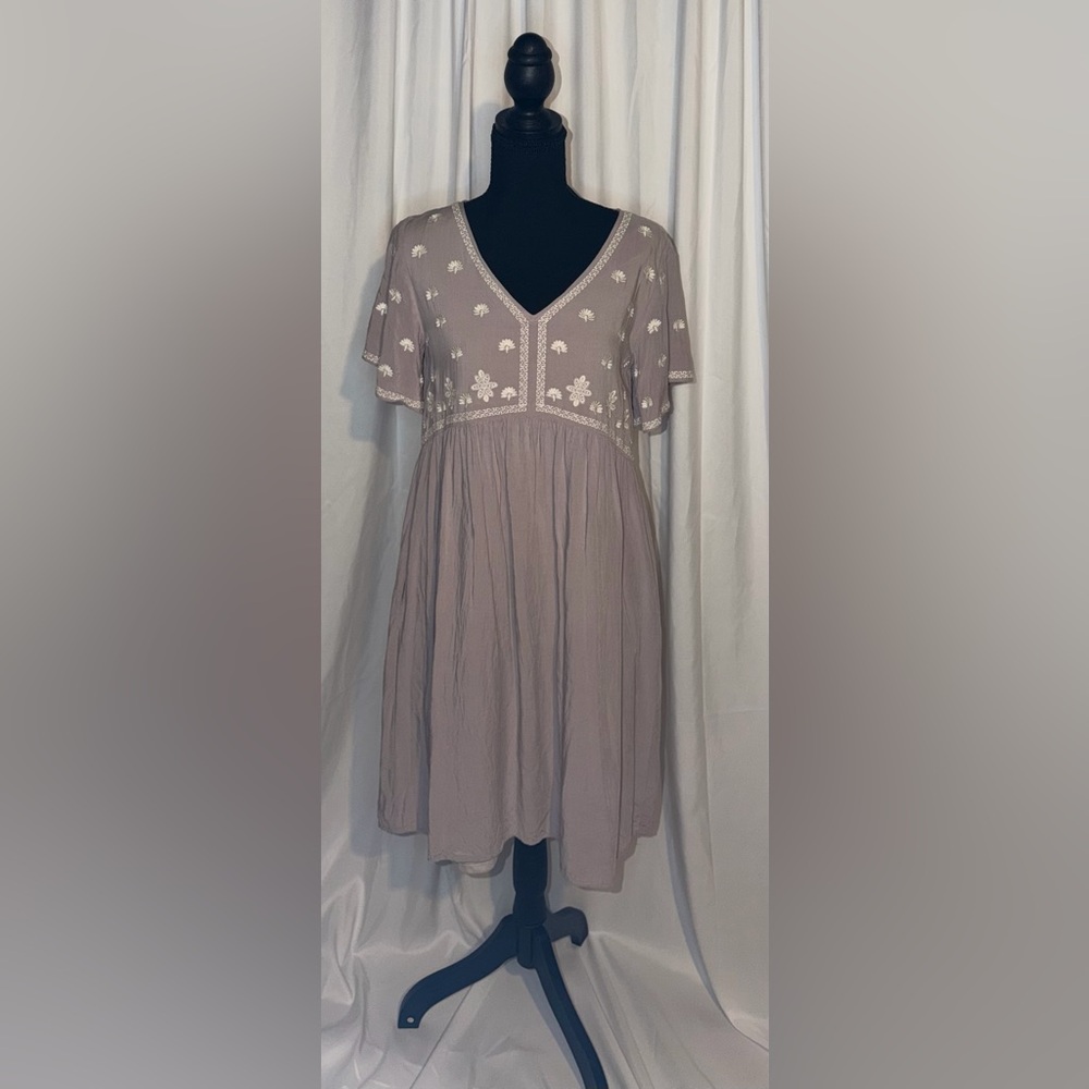 Roolee Embroidered Babydoll Dress Taupe Boho Cottagecore